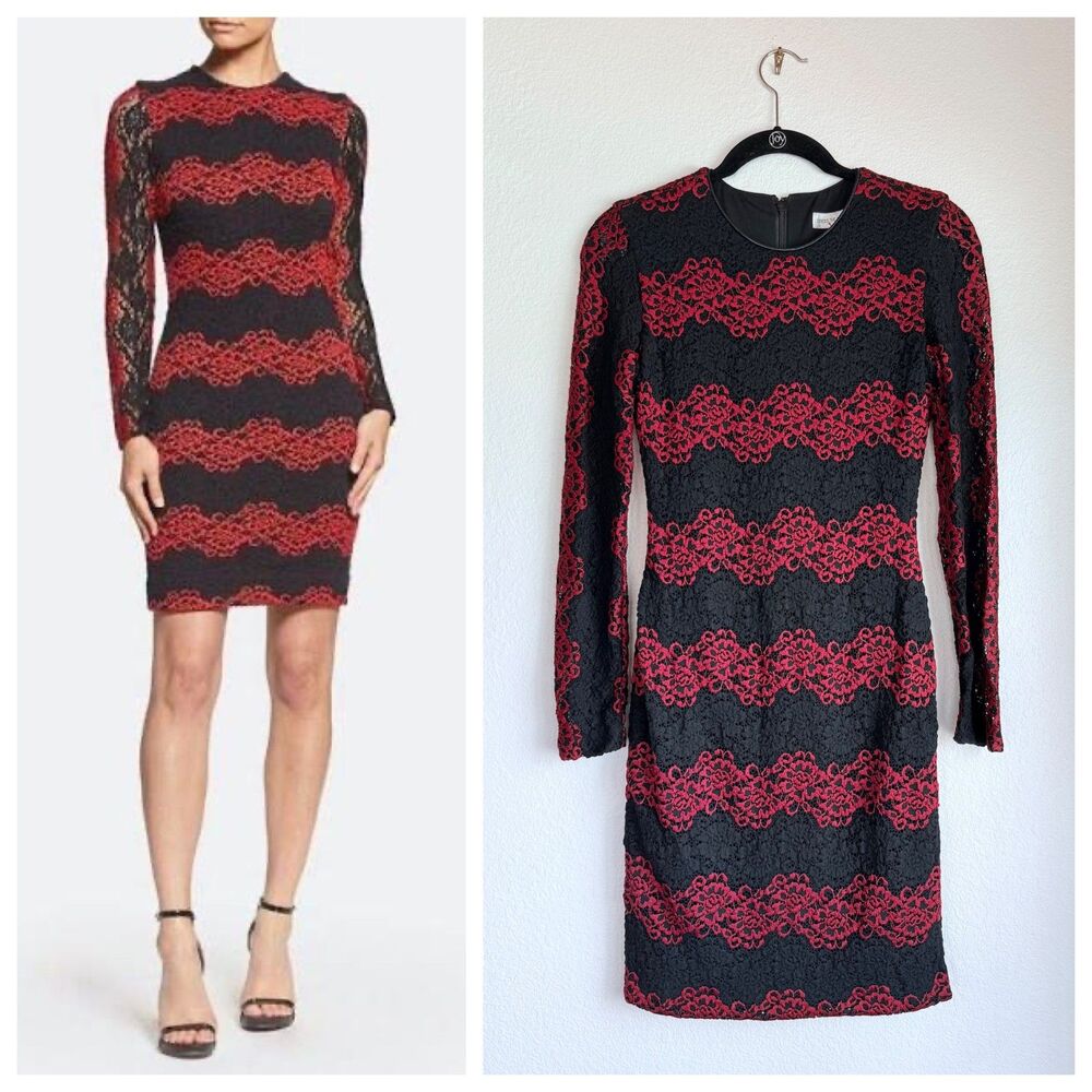 NWT Dress the Population Morgan Black & Red Lace Long Sleeve Bodycon Dress Sz S